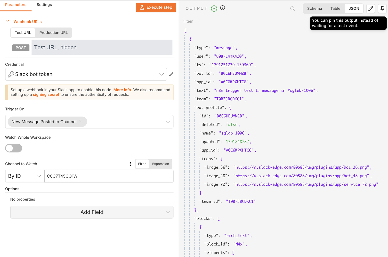 n8n Slack Trigger node with New Message Posted to Channel and a channel ID, and the OUTPUT panel showing the message event JSON with type, user, ts, text, team and blocks