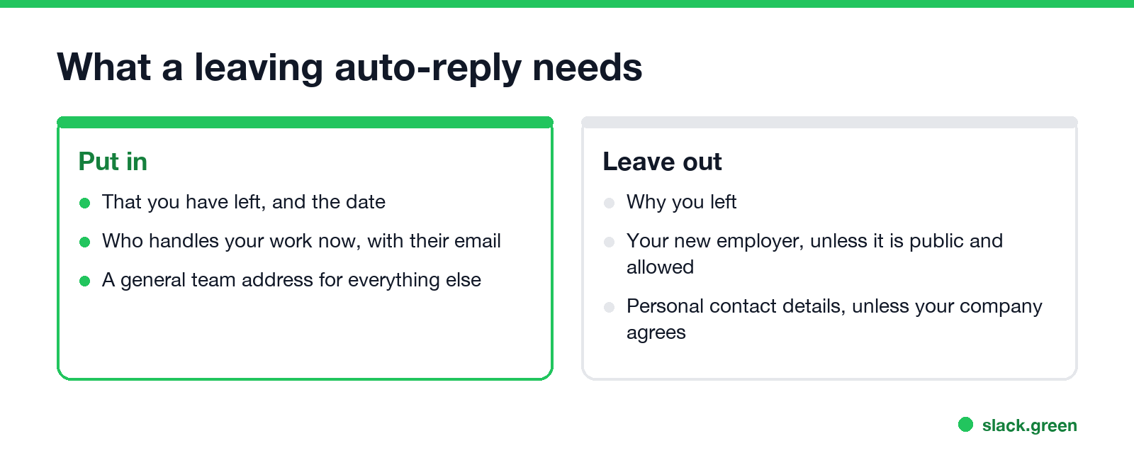What a leaving auto-reply needs: date, successor, team address; leave out reasons, new employer, personal contacts