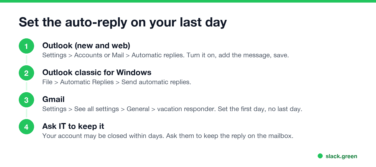 Set the auto-reply on your last day: Outlook new and web, Outlook classic, Gmail, ask IT to keep it