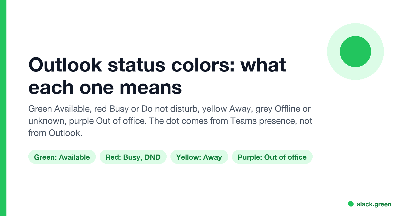 Outlook status colors: green Available, red Busy or Do not disturb, yellow Away, purple Out of office
