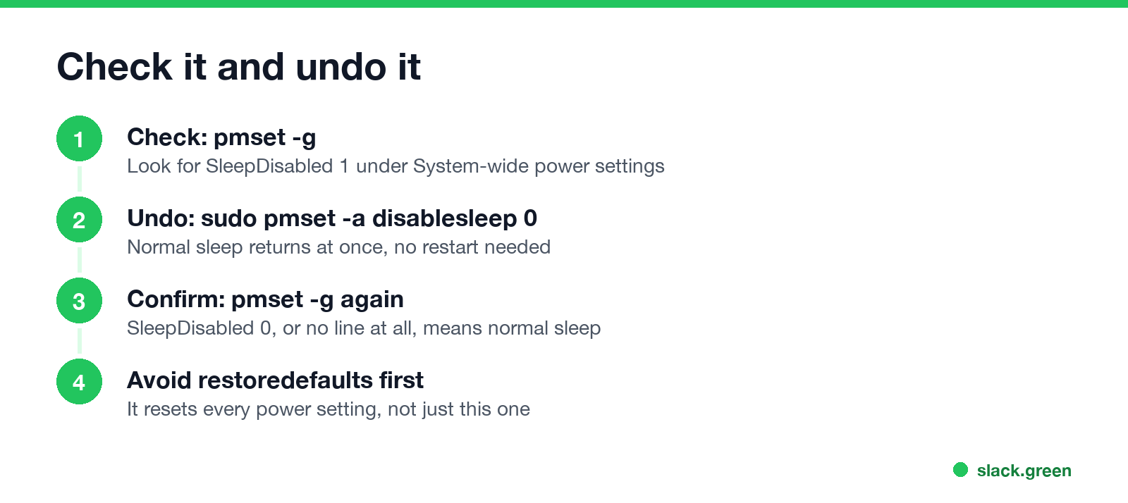 Check it and undo it: pmset -g, sudo pmset -a disablesleep 0, pmset -g again, avoid restoredefaults first