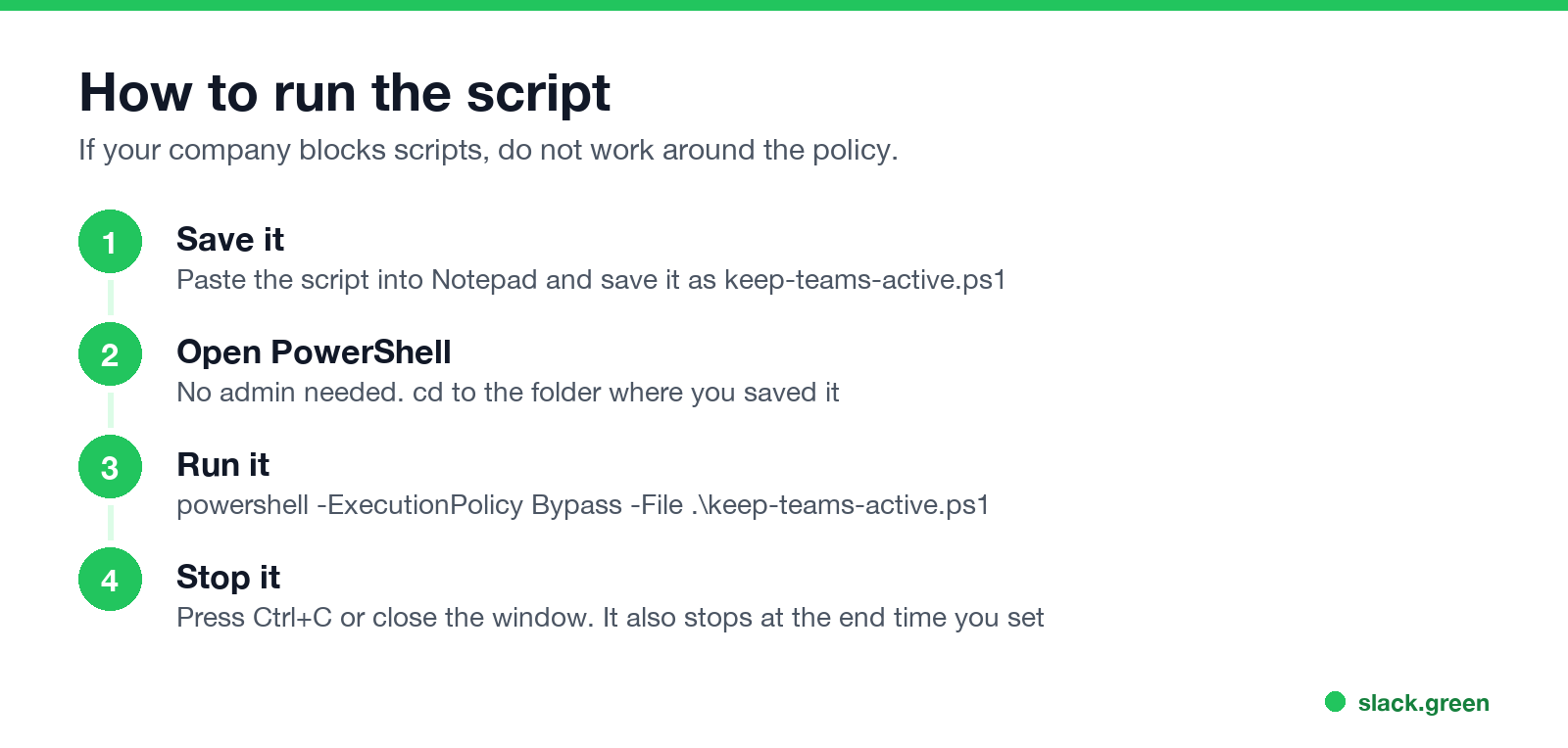 How to run the script: save, open PowerShell, run with Bypass, stop with Ctrl+C