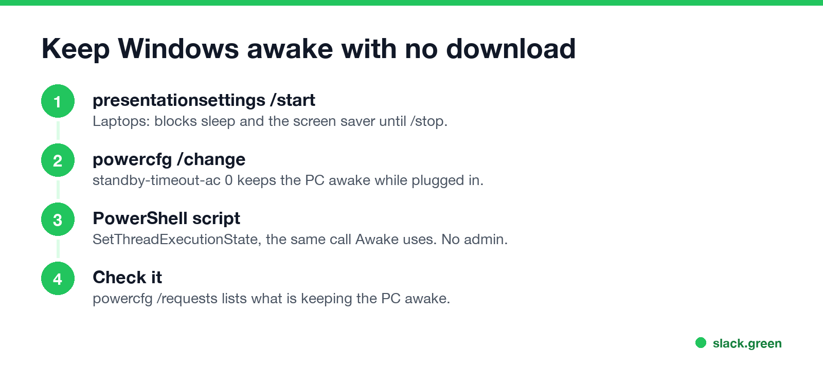 Built-in PowerToys Awake alternatives: presentationsettings, powercfg timeouts, a PowerShell SetThreadExecutionState script