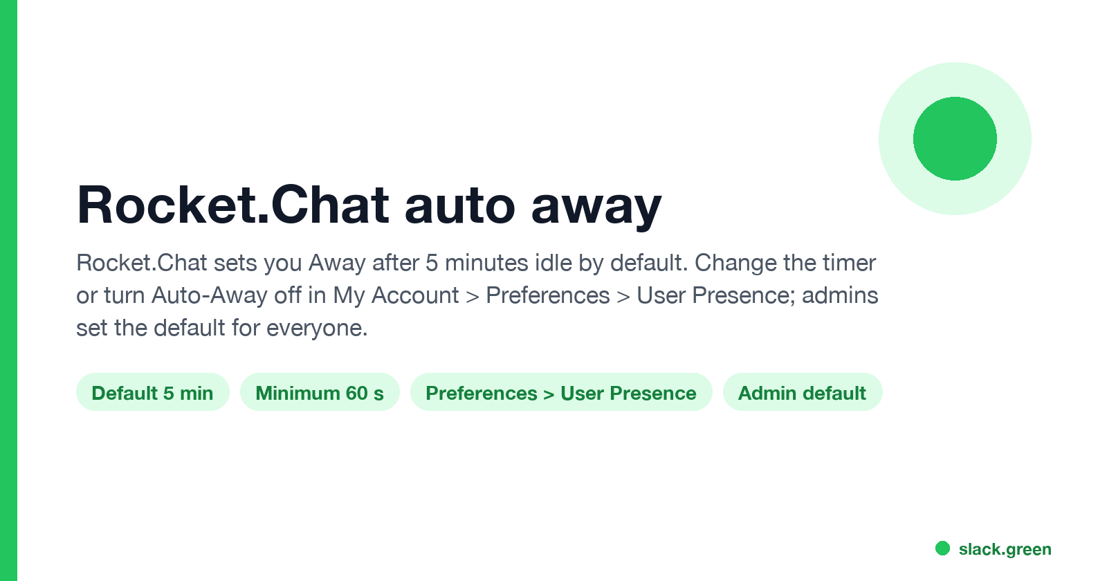 Rocket.Chat auto away: default 5 minutes, minimum 60 seconds, set in Preferences > User Presence