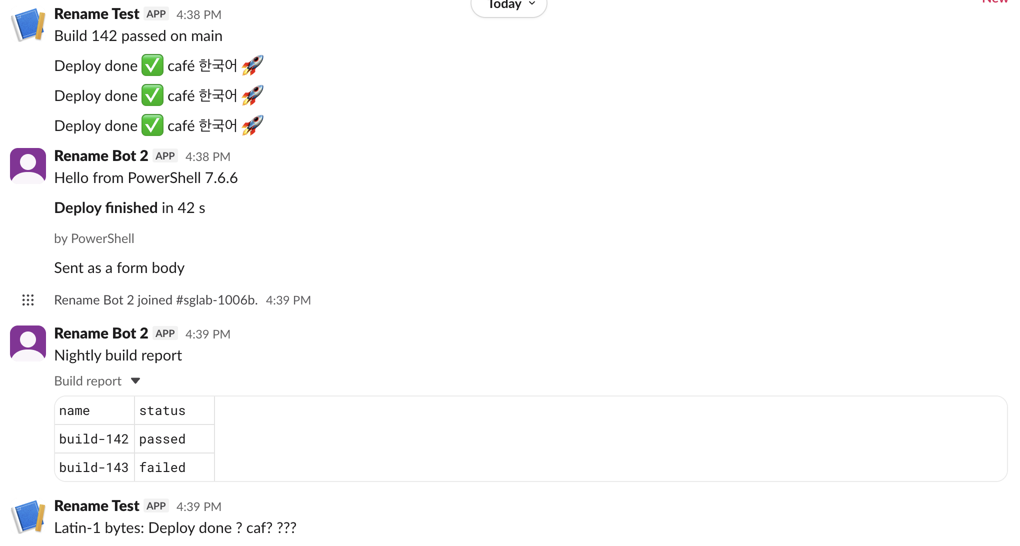 Messages in a Slack channel sent by the scripts on this page: webhook messages with emoji and Korean text, a chat.postMessage message, a Block Kit message with bold text, a CSV file shared as a table, and a line where the special characters turned into question marks