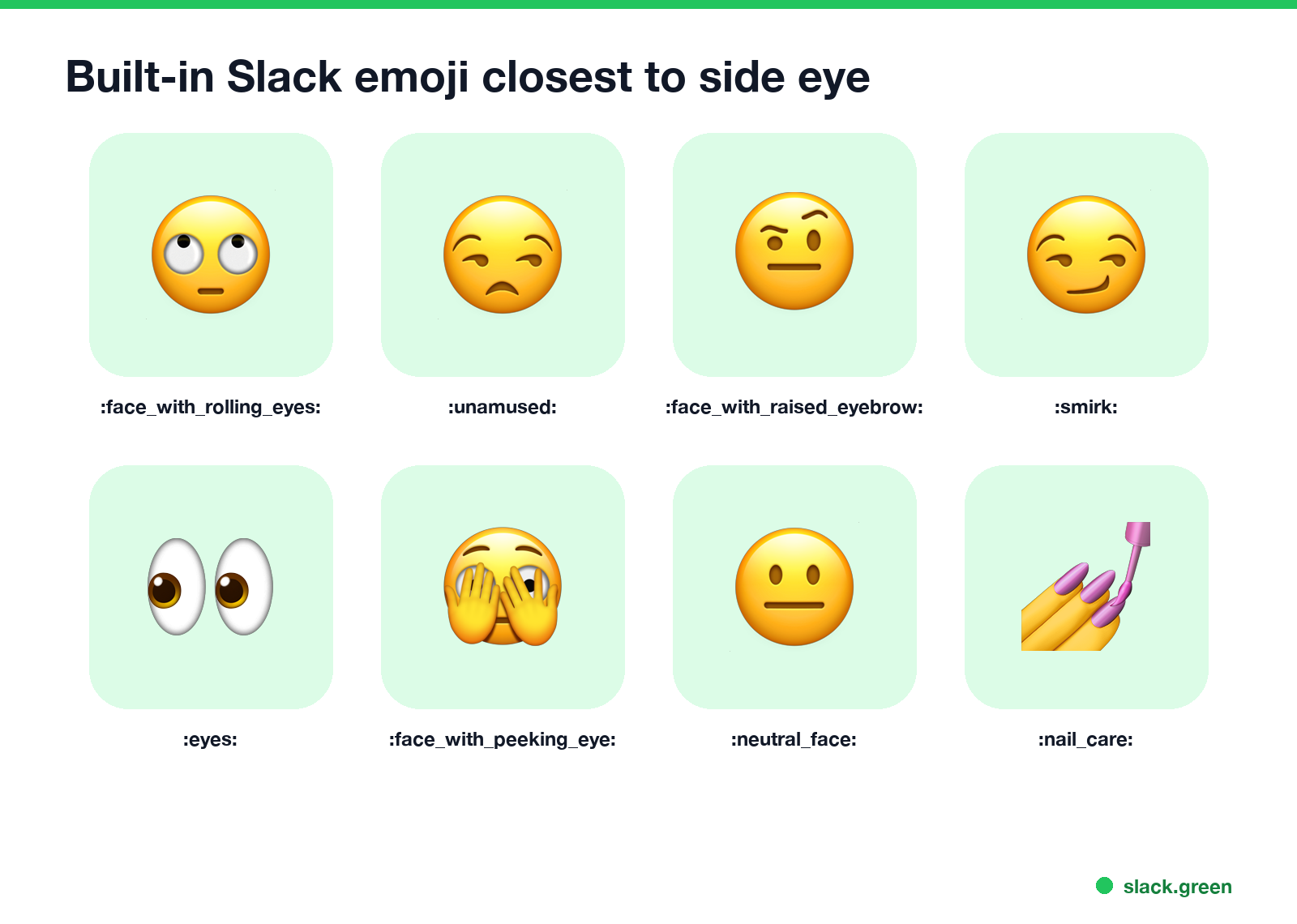 Built-in Slack emoji closest to side eye: face_with_rolling_eyes, unamused, face_with_raised_eyebrow, smirk, eyes, face_with_peeking_eye, neutral_face, nail_care