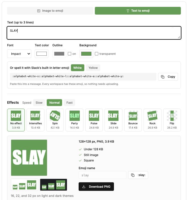 Slack emoji maker text tab making a SLAY emoji with effects and size checks