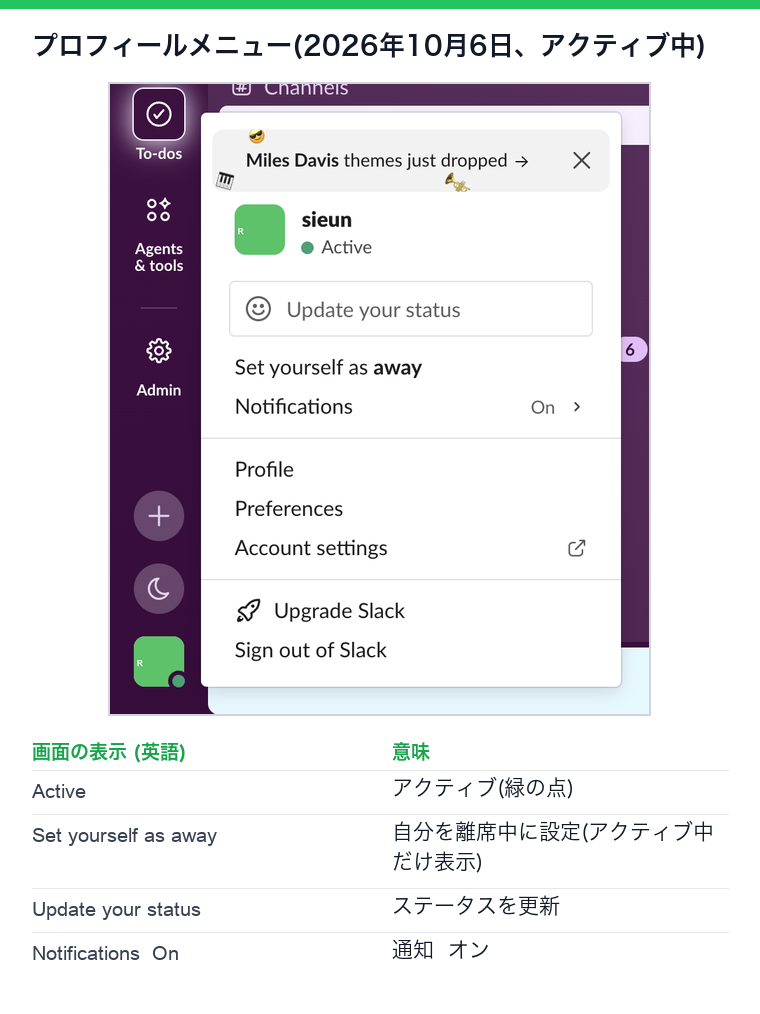 2026年10月6日のSlack Webアプリのプロフィールメニュー。アクティブなアカウントにはSet yourself as awayが出る。Set yourself as activeが出ていれば手動の離席中がオンになっている。画面は英語表示