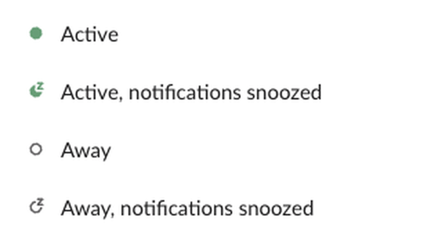 Four presence lines from a Slack profile: Active; Active, notifications snoozed; Away; Away, notifications snoozed