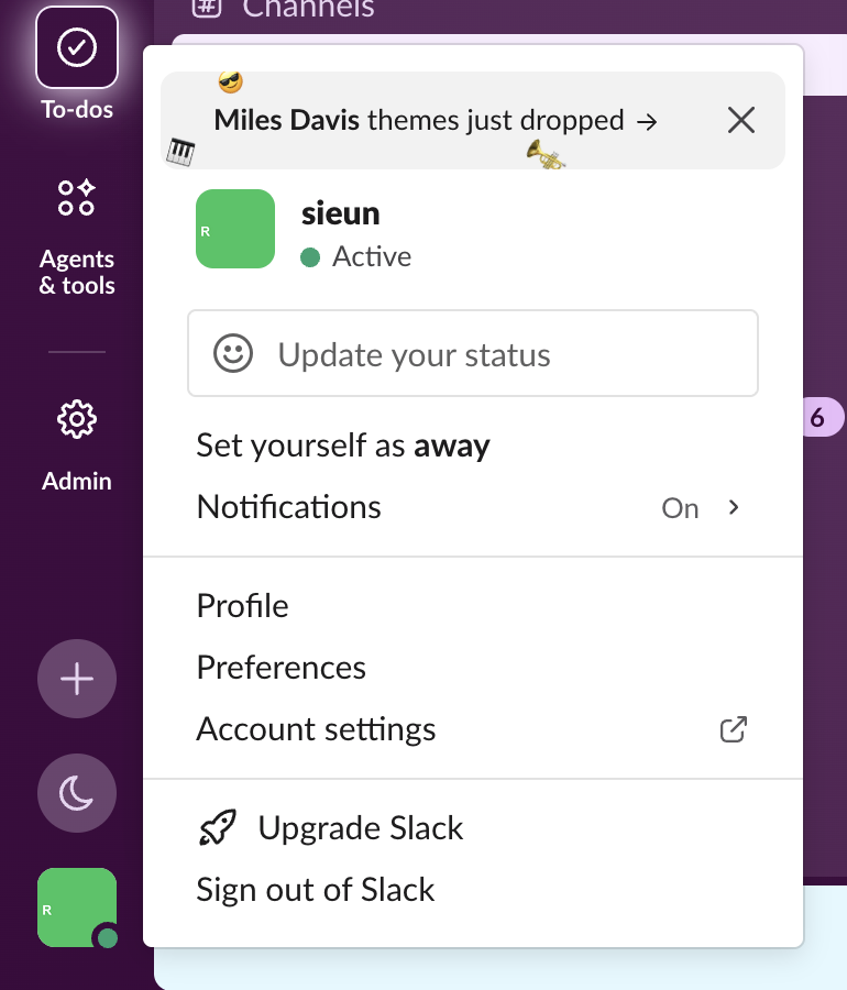 Slack web app profile menu, 6 October 2026: an active account sees Set yourself as away, so a menu that shows Set yourself as active means a manual away is on