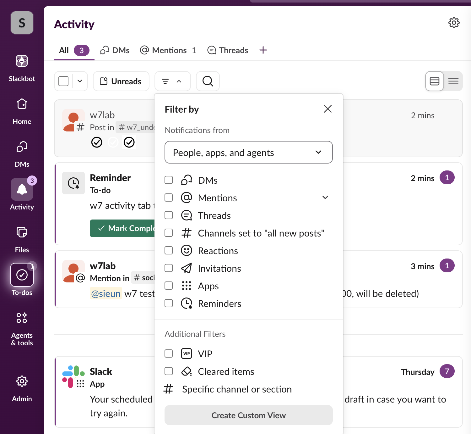 The Filter by panel in the Slack Activity tab: Notifications from People, apps, and agents, checkboxes for DMs, Mentions, Threads, Channels set to all new posts, Reactions, Invitations, Apps and Reminders, Additional Filters VIP, Cleared items and Specific channel or section, and a Create Custom View button