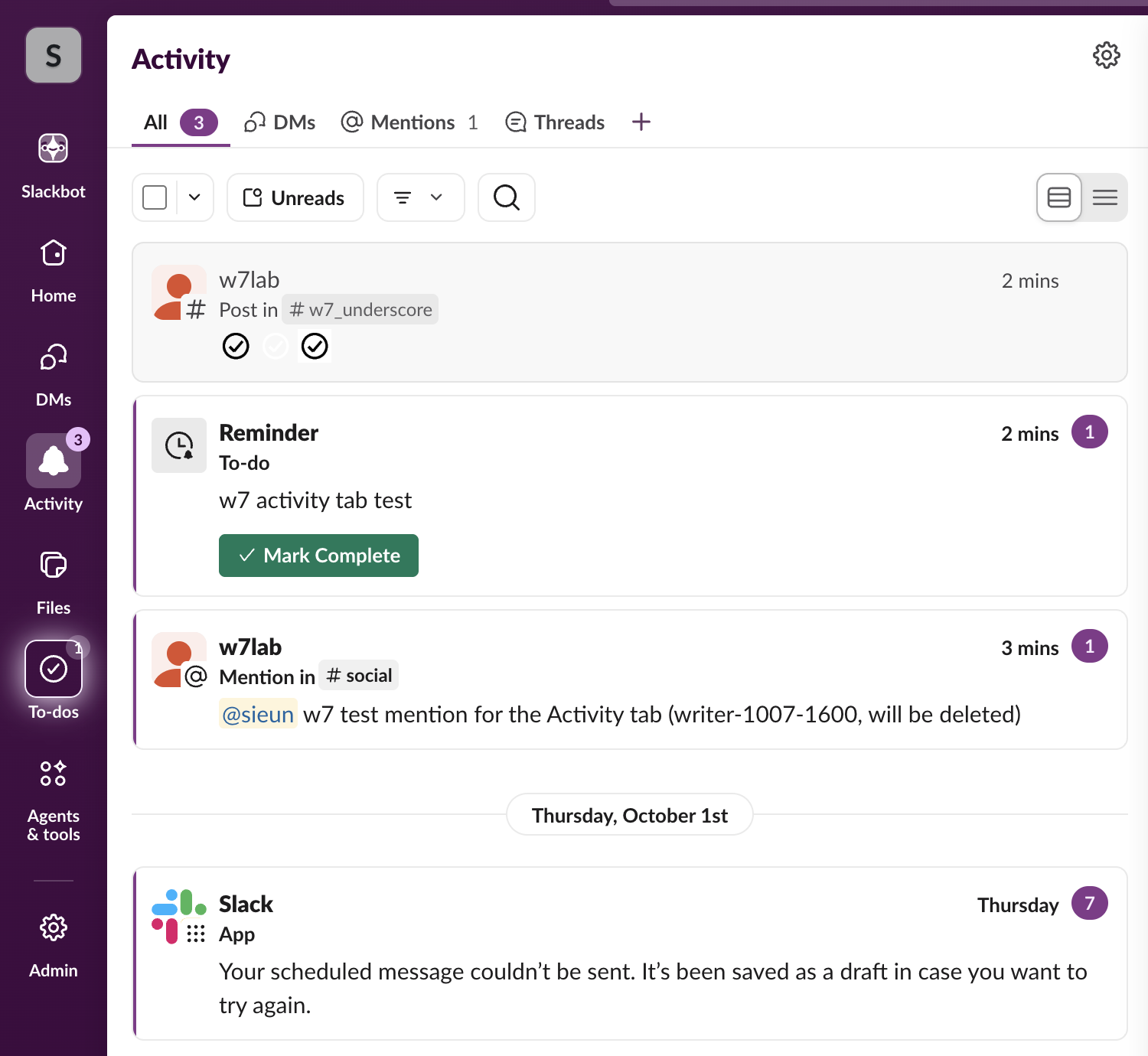 Slack Activity tab in Slack web with All, DMs, Mentions and Threads tabs: a Reminder card labelled To-do with a Mark Complete button, a Mention in #social card, and a Post in #w7_underscore card from a channel set to all new posts