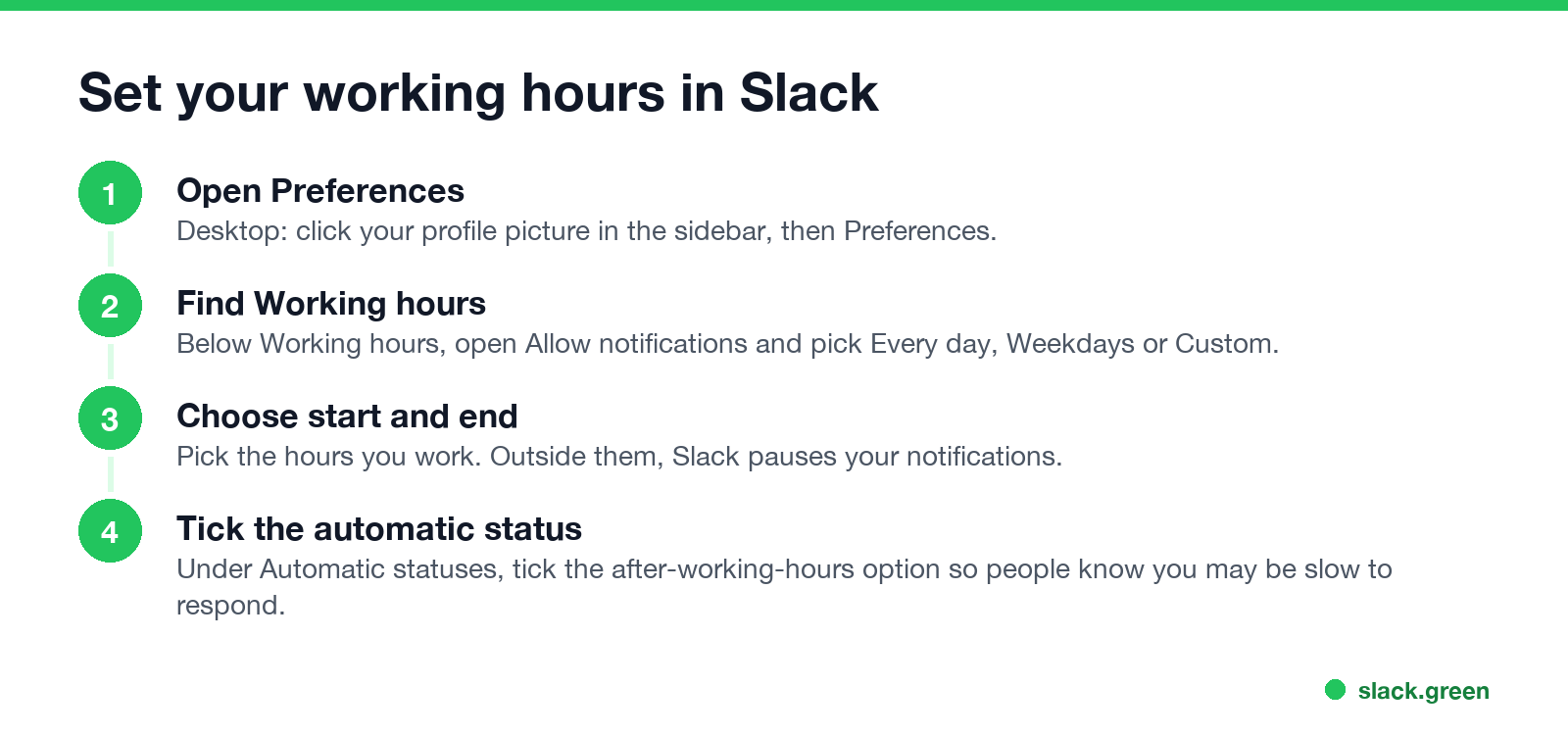 Set your working hours in Slack: Preferences, Working hours, start and end, automatic status