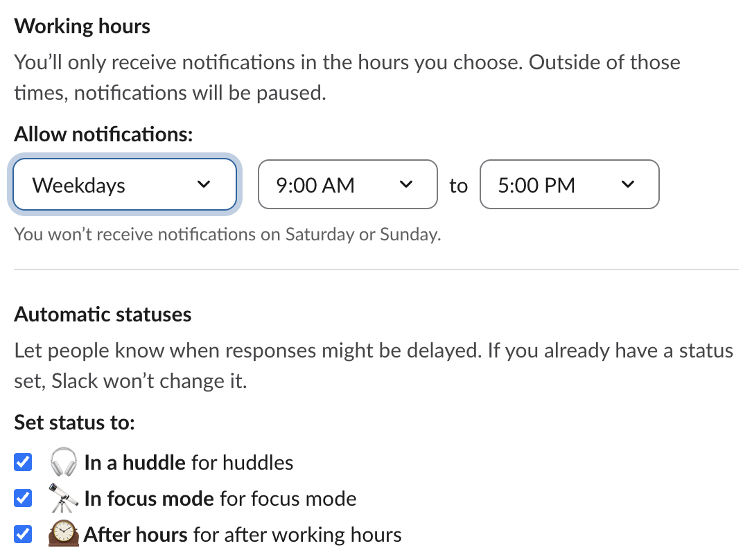 Slack Preferences, Availability: Working hours Weekdays 9:00 AM to 5:00 PM, and Automatic statuses with In a huddle, In focus mode and After hours for after working hours ticked