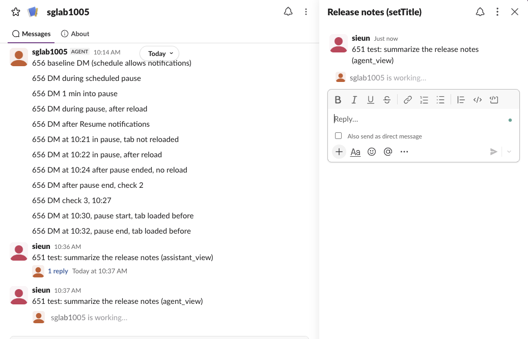The same app after the switch to agent_view: a plain Messages list with "sglab1005 is working..." under the user's message, and a thread panel on the right titled "Release notes (setTitle)"