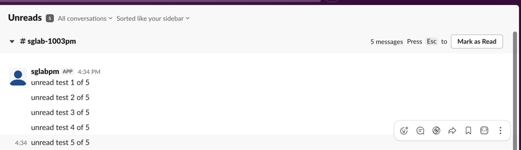 Slack Unreads view: header Unreads, All conversations and Sorted like your sidebar menus, the #sglab-1003pm section with 5 messages, Press Esc to Mark as Read