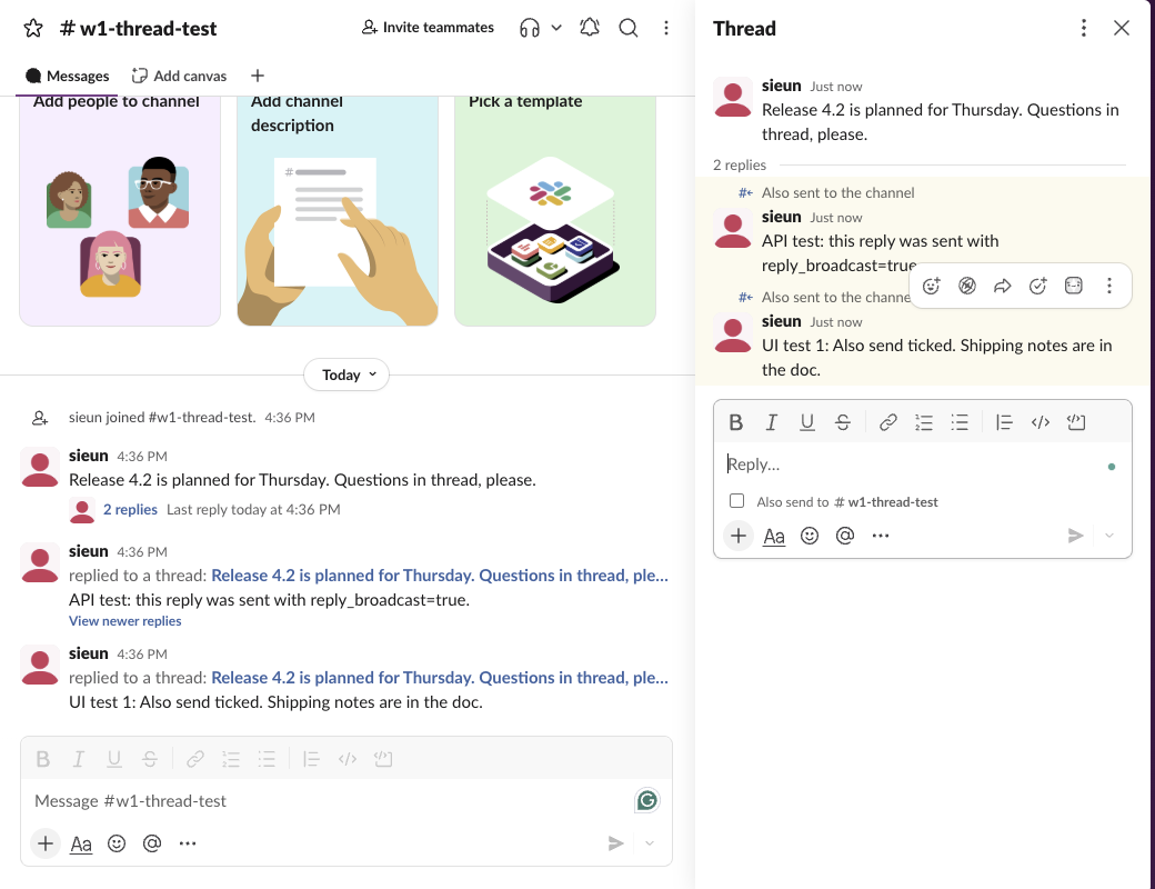 Slack web with the test channel on the left and the thread on the right. The channel shows two replies labelled replied to a thread, and the thread shows the same two replies marked Also sent to the channel. The Also send to box under the thread composer is empty again