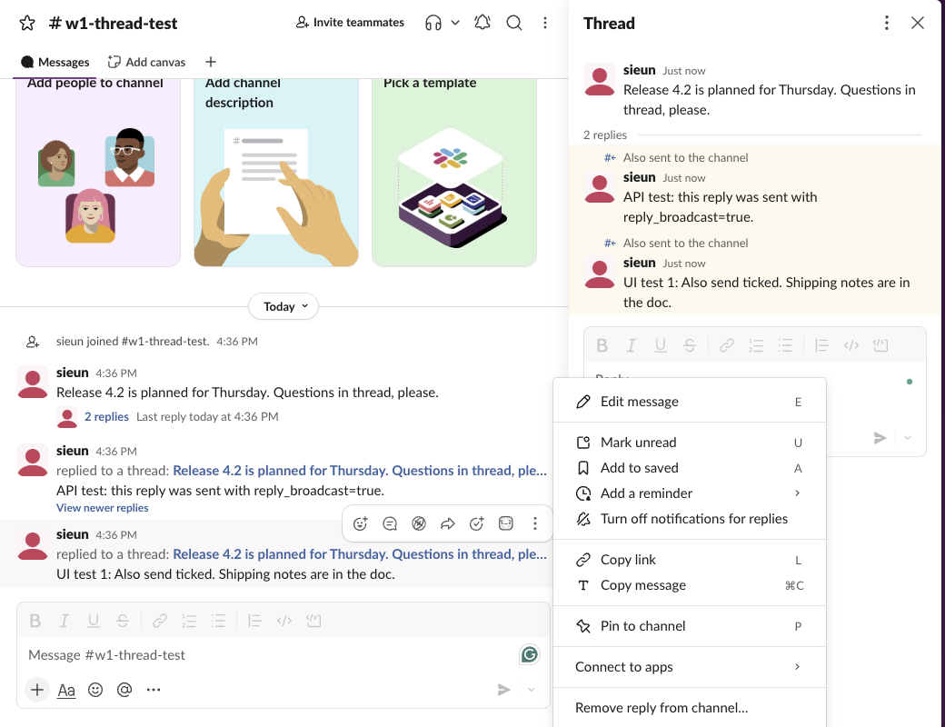 The message menu of a thread reply that was also sent to the channel. Below Connect to apps it shows Remove reply from channel, then Delete message