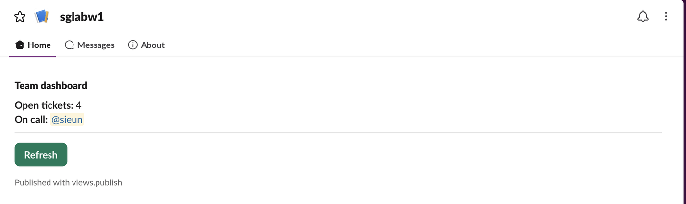 Slack web app showing the sglabw1 app with the Home tab selected: a 
