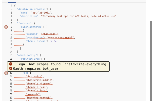 Slack's Create from a manifest editor with error markers and the tooltip: Illegal bot scopes found chat:write.everything, Oauth requires bot_user