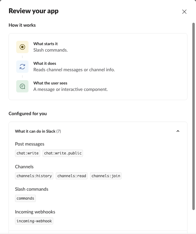 Slack's Review your app step listing the 7 bot scopes from the manifest