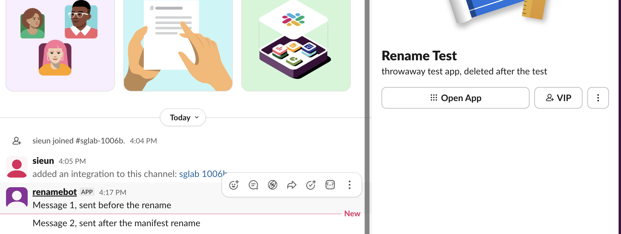 Slack web: the message from the test app shows the bot display name renamebot above it, while the app profile panel on the right shows the app name Rename Test