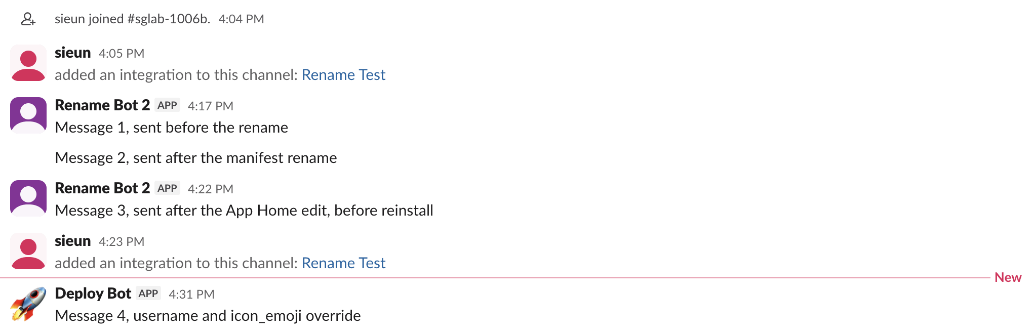 A Slack channel after the renames: messages 1 to 3 from the bot all show Rename Bot 2, two added-an-integration lines both link to Rename Test, and message 4 shows Deploy Bot with a rocket icon