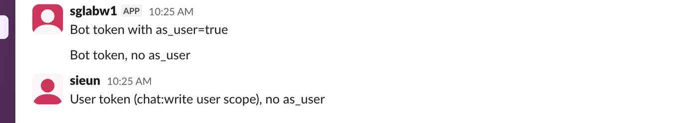 Slack web: two messages from 