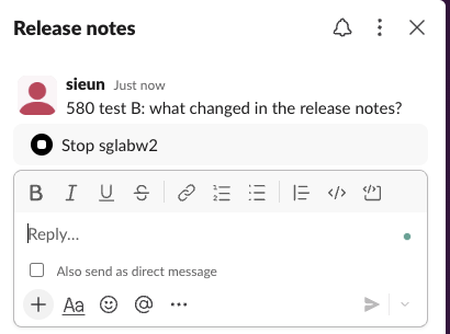 Slack thread panel: the status line replaced on hover by a round stop icon and the text 