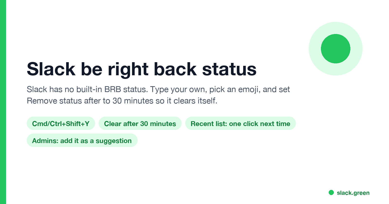 Slack be right back status: no built-in BRB, type your own, clear after 30 minutes, recent list, admin suggestion