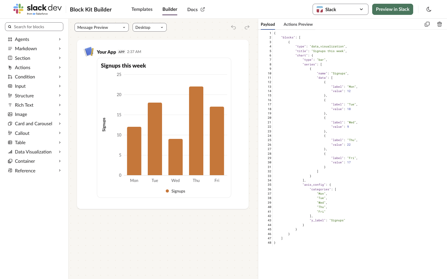 Block Kit Builder showing the bar chart from the script above, with the JSON payload on the right