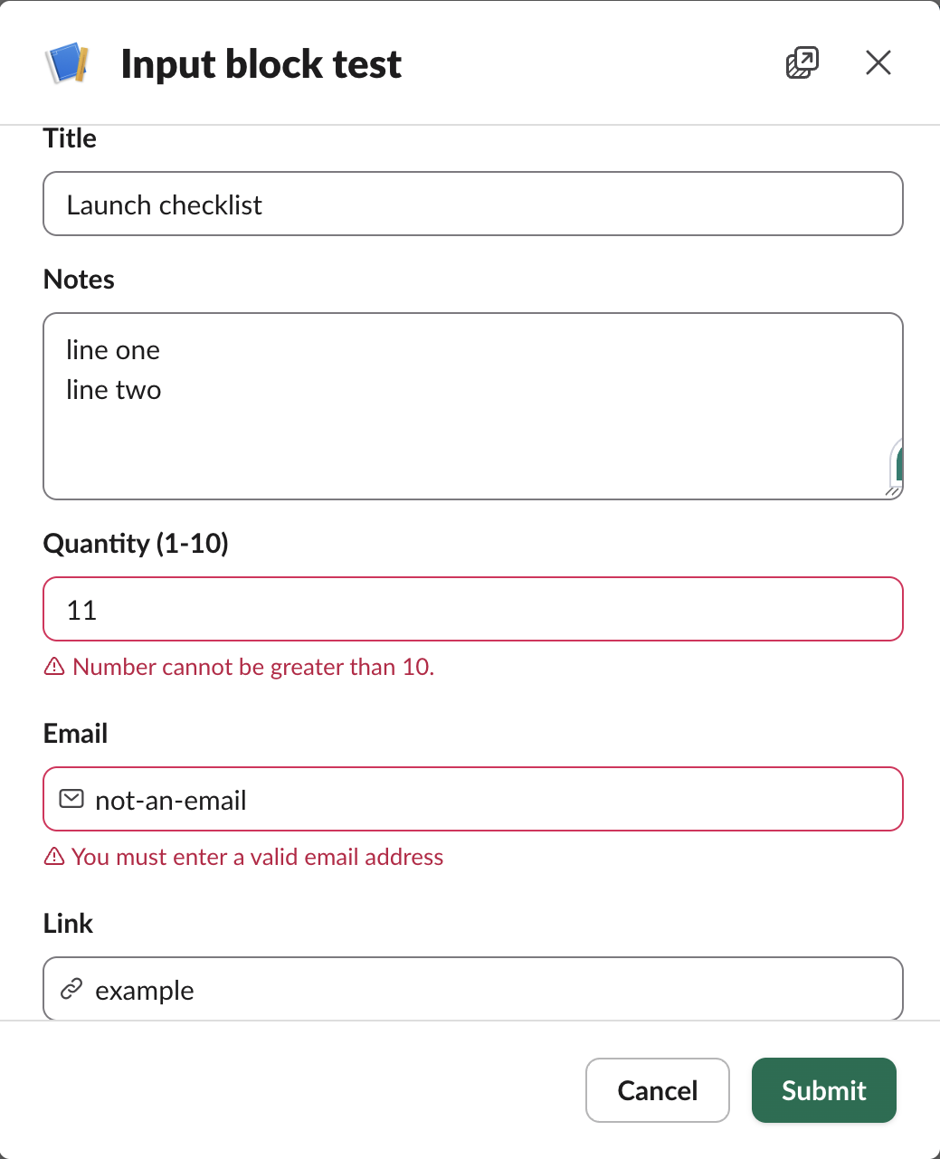 The same modal after Submit with bad values: Quantity shows 11 with Number cannot be greater than 10, and Email shows not-an-email with You must enter a valid email address