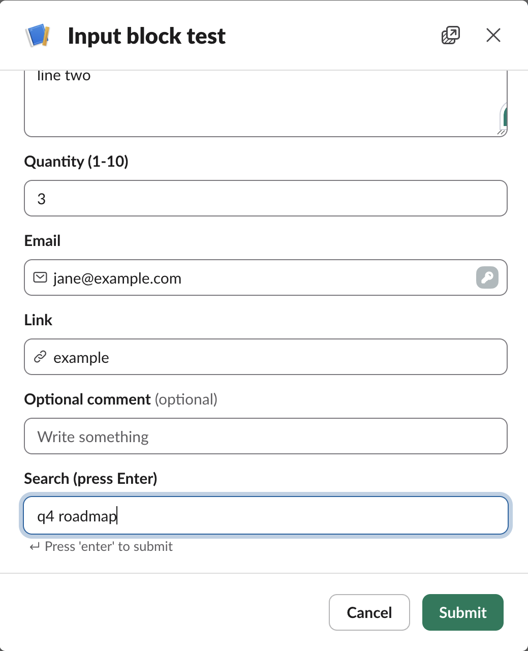 The Search field with q4 roadmap typed and the hint Press enter to submit under it