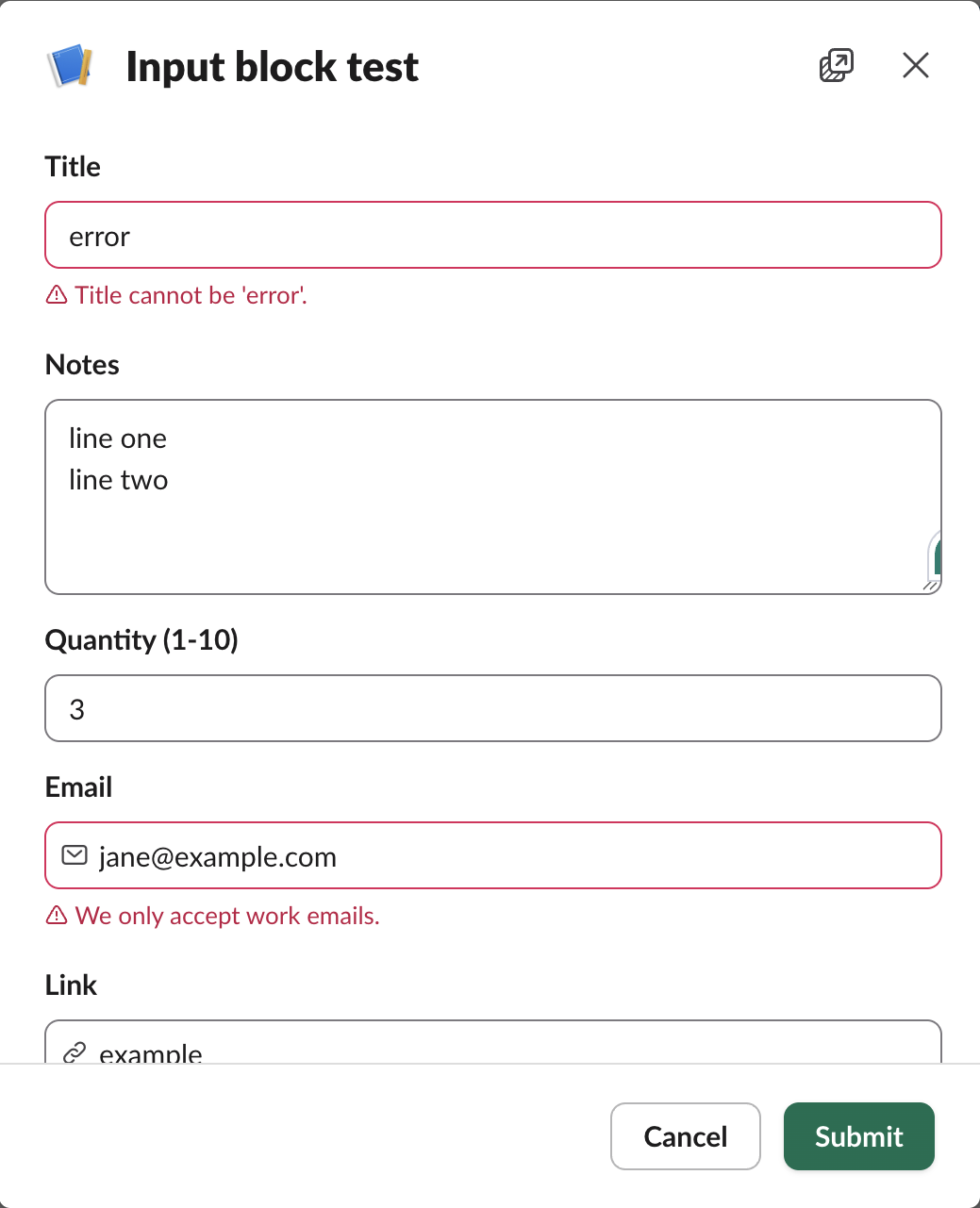 The modal after the app answered with response_action errors: Title cannot be 'error'. under the Title field and We only accept work emails. under the Email field