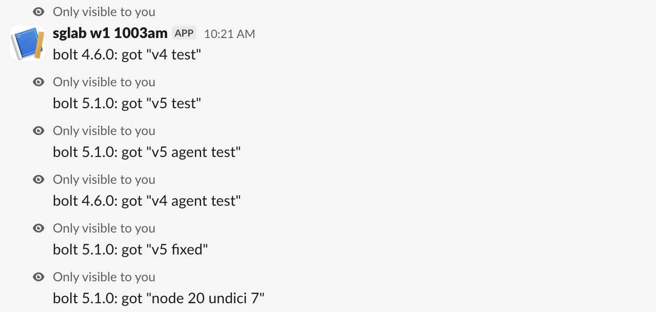 Slack DM with ephemeral replies from the test app, each marked Only visible to you: bolt 4.6.0 got 