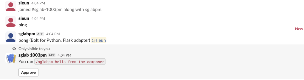 In Slack, the user typed ping, the bot answered pong (Bolt for Python, Flask adapter), and the slash command reply showed an Approve button visible only to the user