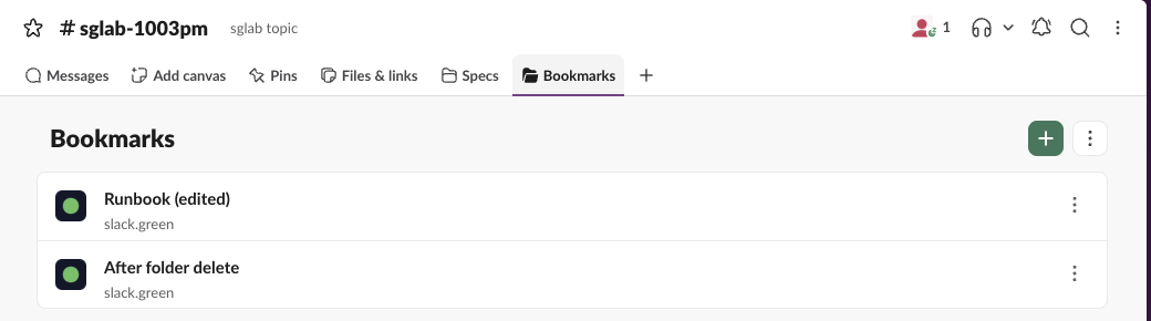 The Bookmarks tab back in the channel after the folder delete, listing Runbook (edited) and After folder delete