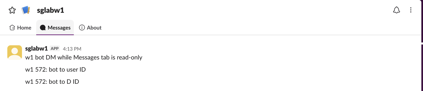 The app's Messages tab in Slack with three bot messages, including 