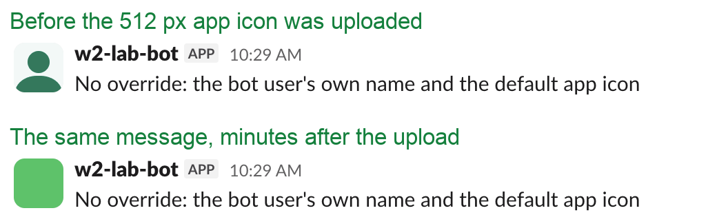 The same bot message before and after the app icon upload: the default grey person icon became the green app icon