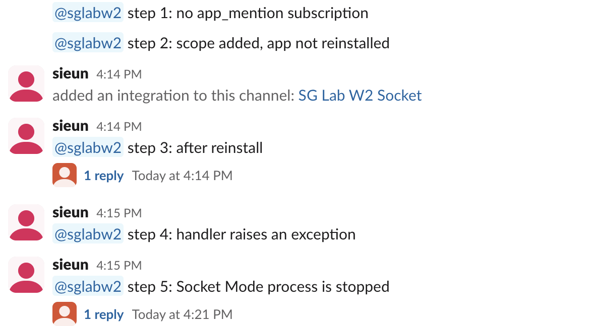 Five test mentions in Slack web: only the mention after reinstalling and the one sent while the process was down got a reply