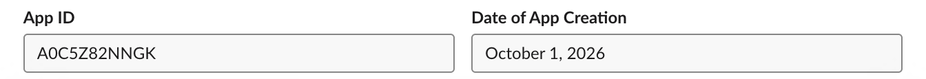 Slack app settings, Basic Information, App Credentials: App ID A0C5Z82NNGK and Date of App Creation