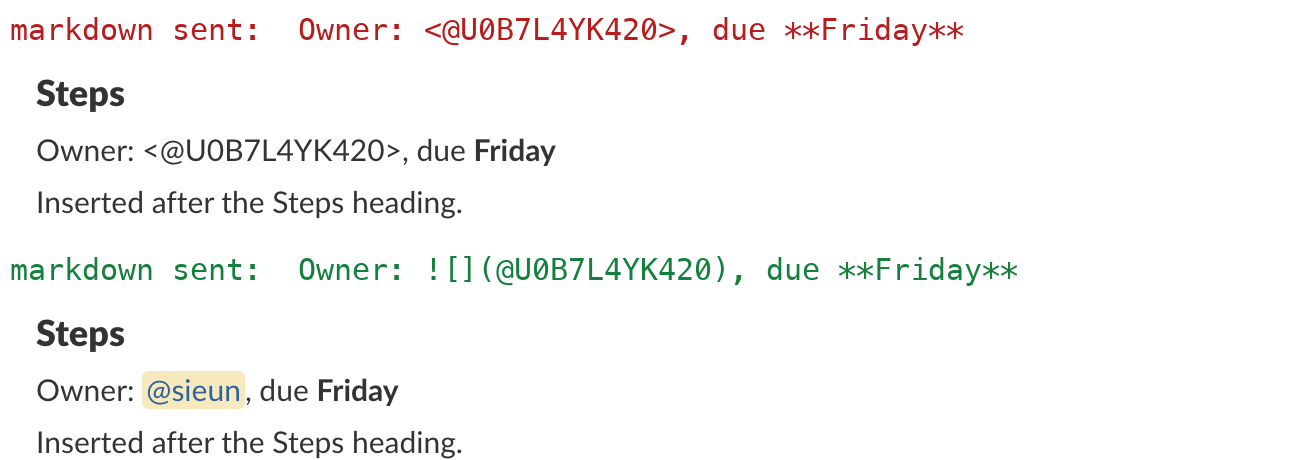 Two canvas screenshots. With the user mention written in message syntax the canvas shows the raw user ID text. With the canvas mention syntax it shows an @sieun chip