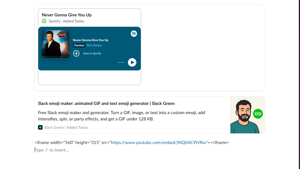 A Spotify card with its embedded player, a web page card with title, description and image, and pasted iframe code shown as plain text in a Slack canvas