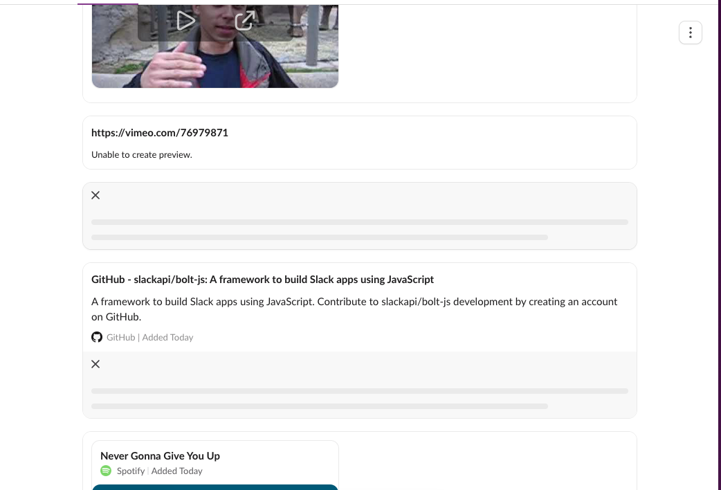 Three link cards in a Slack canvas: Vimeo with Unable to create preview, an empty grey Google Sheets placeholder, and a GitHub card with the bolt-js repo title and description