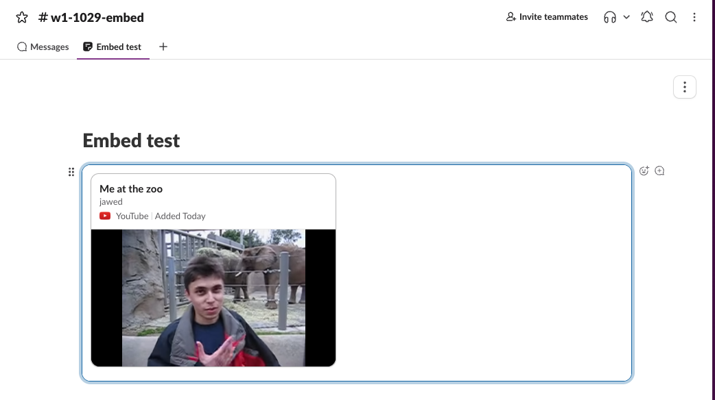 A YouTube card in a Slack canvas playing the video inline, with the title Me at the zoo and the YouTube label above the player