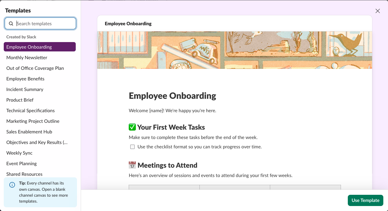 The Slack canvas template picker with 18 templates created by Slack, showing a preview of Employee Onboarding and a Use Template button