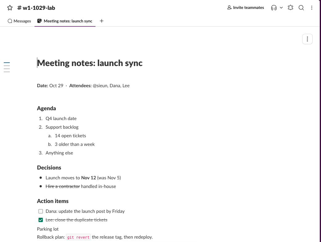 A Slack canvas titled Meeting notes: launch sync with a numbered agenda and lettered sub-items, a struck-through decision, a ticked checklist item, Parking lot as plain text and a code block