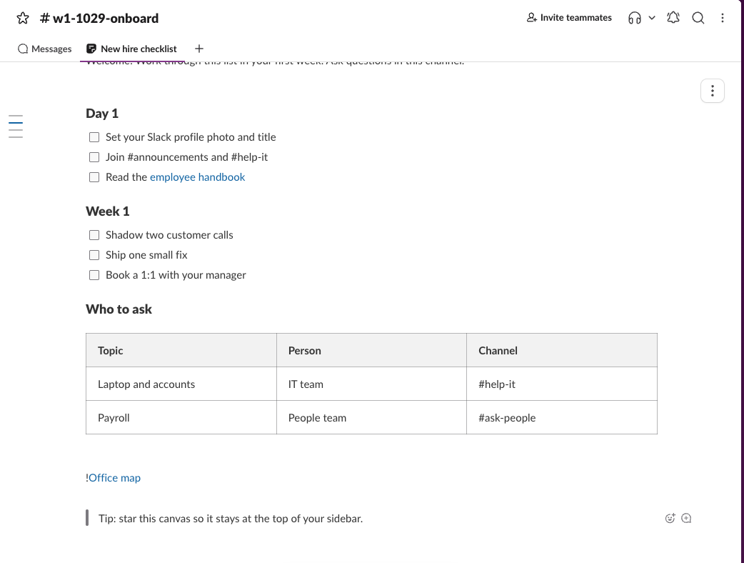 A Slack canvas titled New hire checklist with Day 1 and Week 1 checklists, a Who to ask table, and a broken image line that shows !Office map as a link