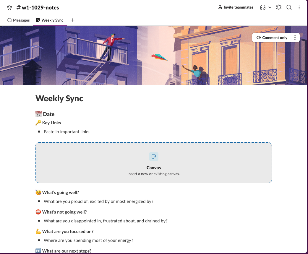 A Weekly Sync canvas made from Slack's template, with a cover image, Date and Key Links headings, an empty canvas embed block, and prompts such as What's going well