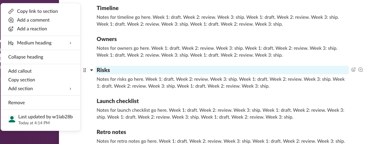 The section menu of a Slack canvas heading, with Copy link to section, Add a comment, Add a reaction, Medium heading, Collapse heading, Add callout, Copy section, Add section and Remove, next to the canvas with the Risks heading highlighted